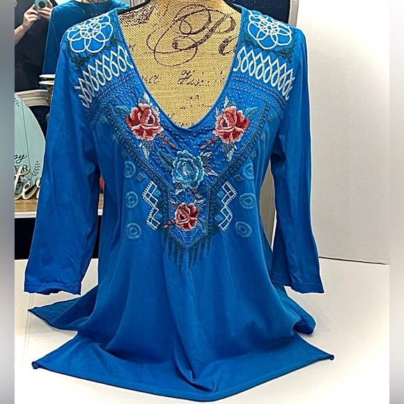 JOHNNY WAS JWLA WOMENS BOHO BLUE EMBROIDERED TUNIC TOP 3/4 SLEEVE MEDIUM